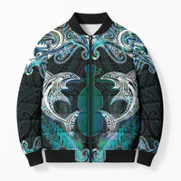 New Zealand Kotiate Weapon Bomber Puffer Jacket Aotearoa Mango Paua Shell Maori Pattern LT22 Unisex Blue - Polynesian Pride