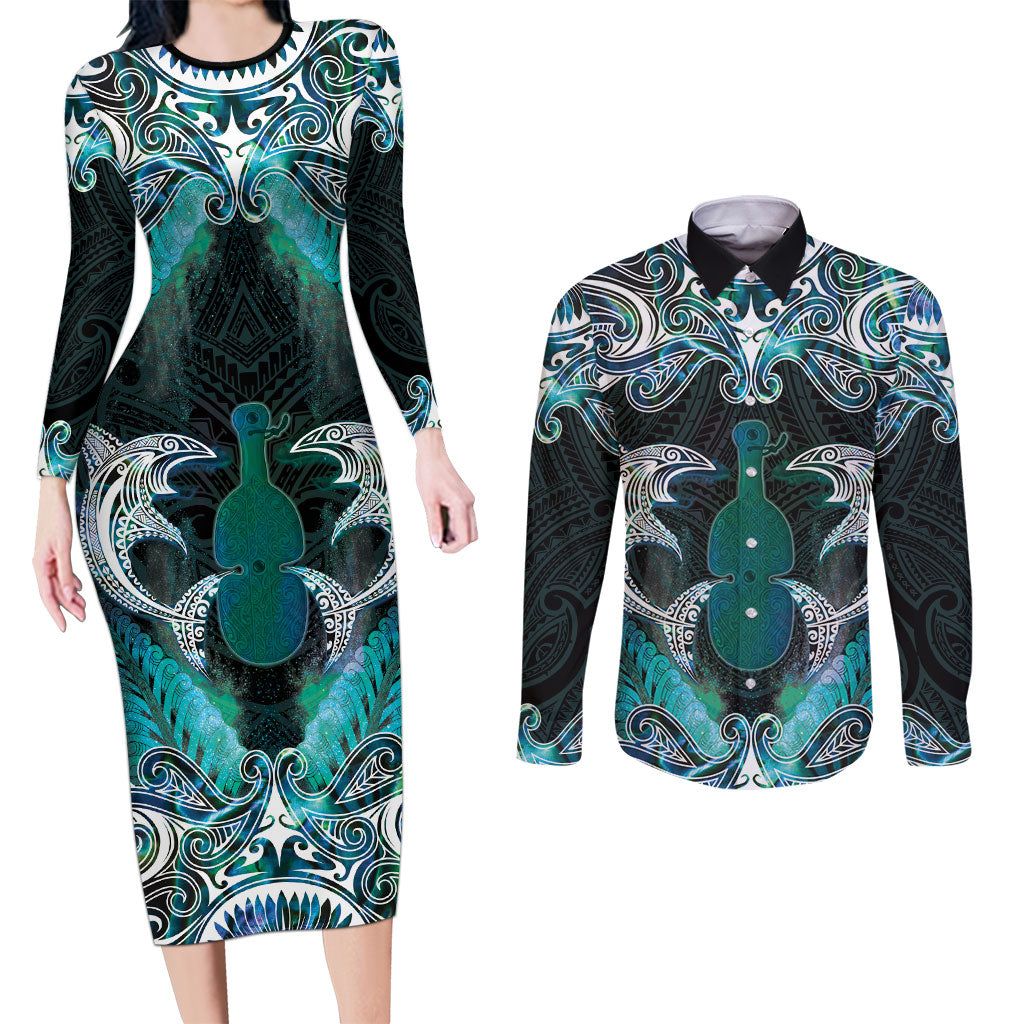 New Zealand Kotiate Weapon Couples Matching Long Sleeve Bodycon Dress and Long Sleeve Button Shirt Aotearoa Mango Paua Shell Maori Pattern