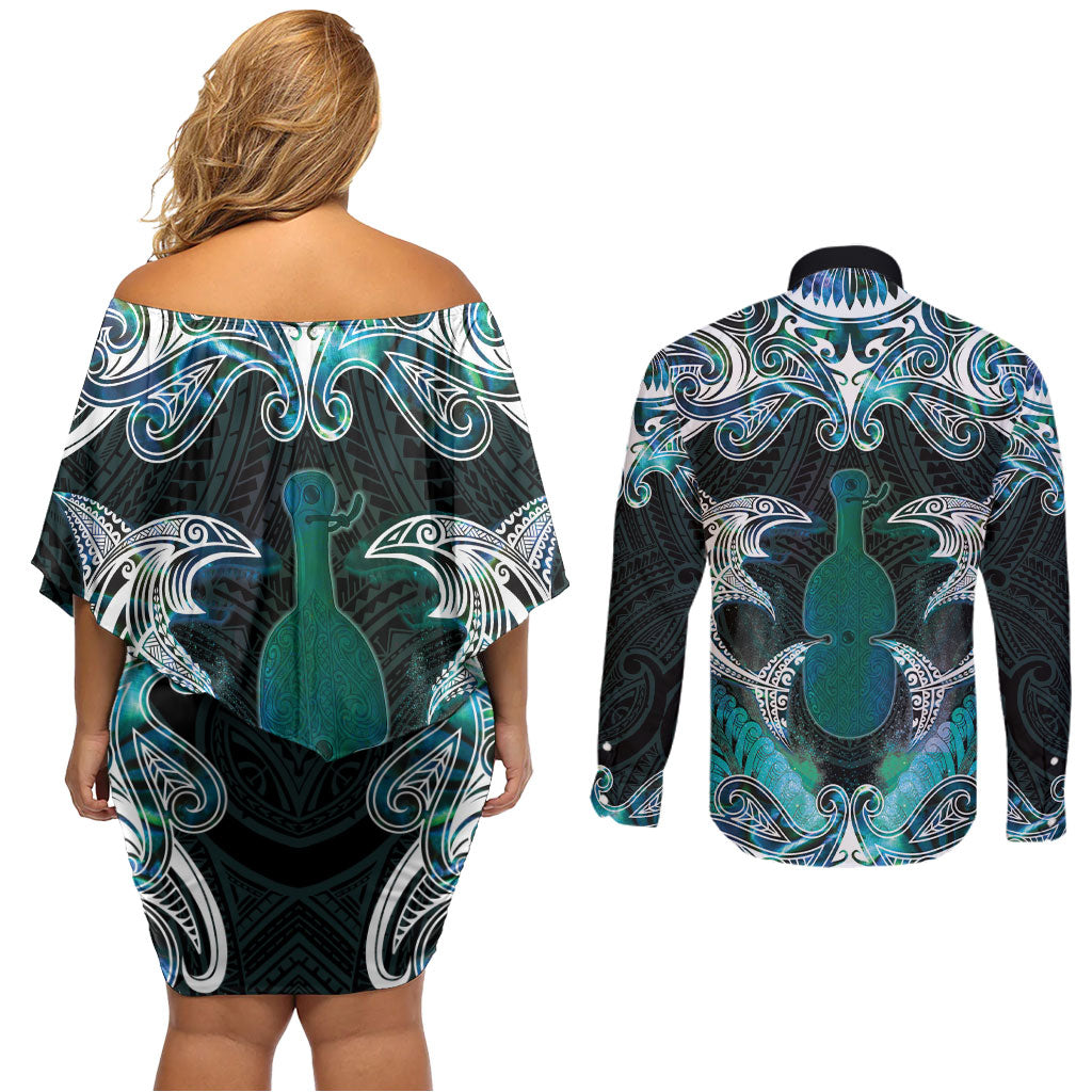 New Zealand Kotiate Weapon Couples Matching Off Shoulder Short Dress and Long Sleeve Button Shirt Aotearoa Mango Paua Shell Maori Pattern