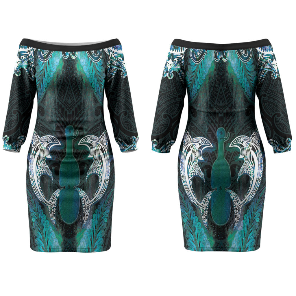 New Zealand Kotiate Weapon Couples Matching Off The Shoulder Long Sleeve Dress and Hawaiian Shirt Aotearoa Mango Paua Shell Maori Pattern LT22 - Polynesian Pride