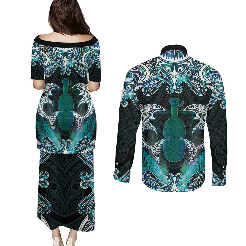 New Zealand Kotiate Weapon Couples Matching Puletasi and Long Sleeve Button Shirt Aotearoa Mango Paua Shell Maori Pattern