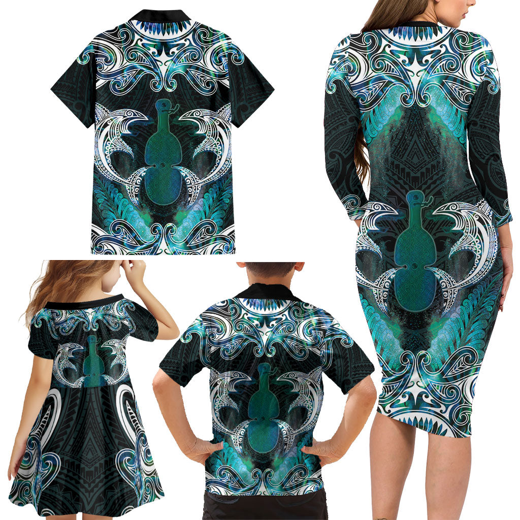 New Zealand Kotiate Weapon Family Matching Long Sleeve Bodycon Dress and Hawaiian Shirt Aotearoa Mango Paua Shell Maori Pattern LT22 - Polynesian Pride