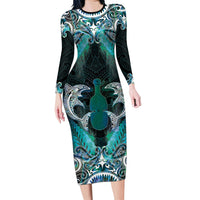 New Zealand Kotiate Weapon Family Matching Long Sleeve Bodycon Dress and Hawaiian Shirt Aotearoa Mango Paua Shell Maori Pattern LT22 Mom's Dress Blue - Polynesian Pride