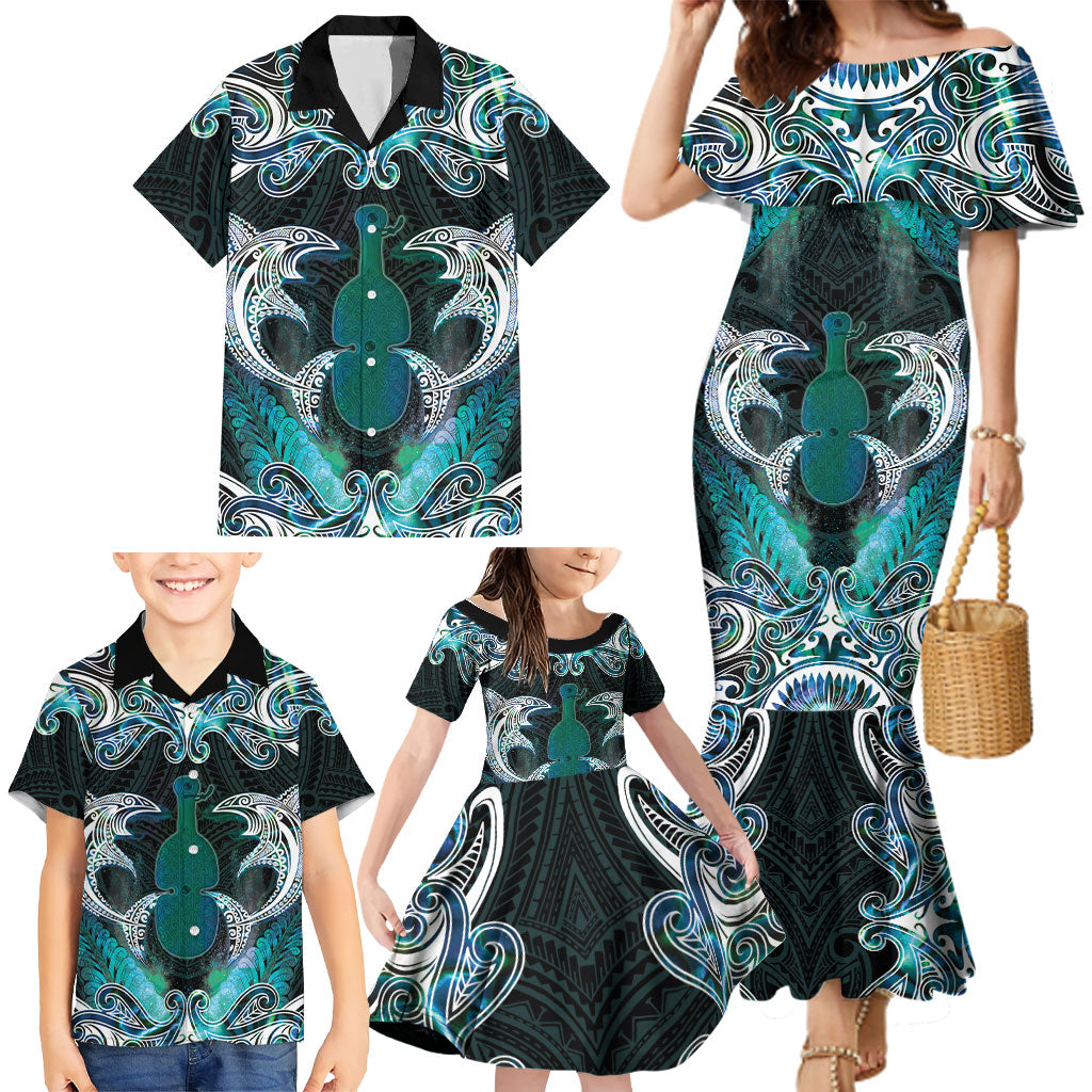 New Zealand Kotiate Weapon Family Matching Mermaid Dress and Hawaiian Shirt Aotearoa Mango Paua Shell Maori Pattern LT22 - Polynesian Pride