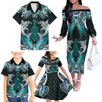 New Zealand Kotiate Weapon Family Matching Off The Shoulder Long Sleeve Dress and Hawaiian Shirt Aotearoa Mango Paua Shell Maori Pattern LT22 - Polynesian Pride