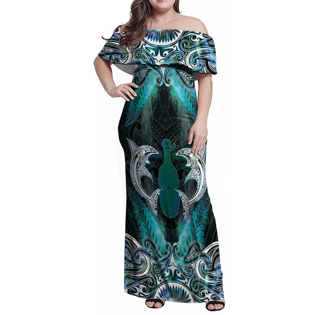 New Zealand Kotiate Weapon Family Matching Off Shoulder Maxi Dress and Hawaiian Shirt Aotearoa Mango Paua Shell Maori Pattern