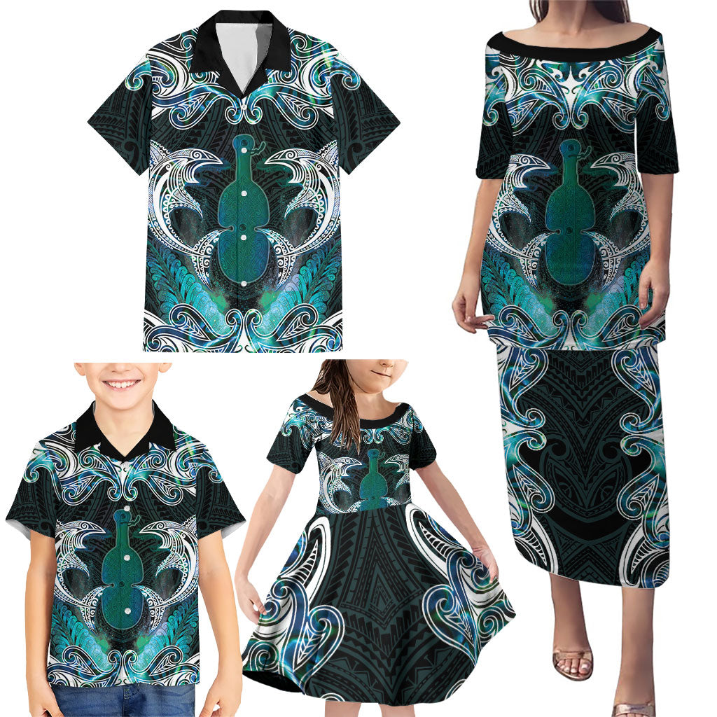 New Zealand Kotiate Weapon Family Matching Puletasi and Hawaiian Shirt Aotearoa Mango Paua Shell Maori Pattern