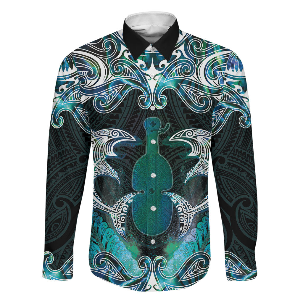 New Zealand Kotiate Weapon Family Matching Short Sleeve Bodycon Dress and Hawaiian Shirt Aotearoa Mango Paua Shell Maori Pattern LT22 Dad's Shirt - Long Sleeve Blue - Polynesian Pride