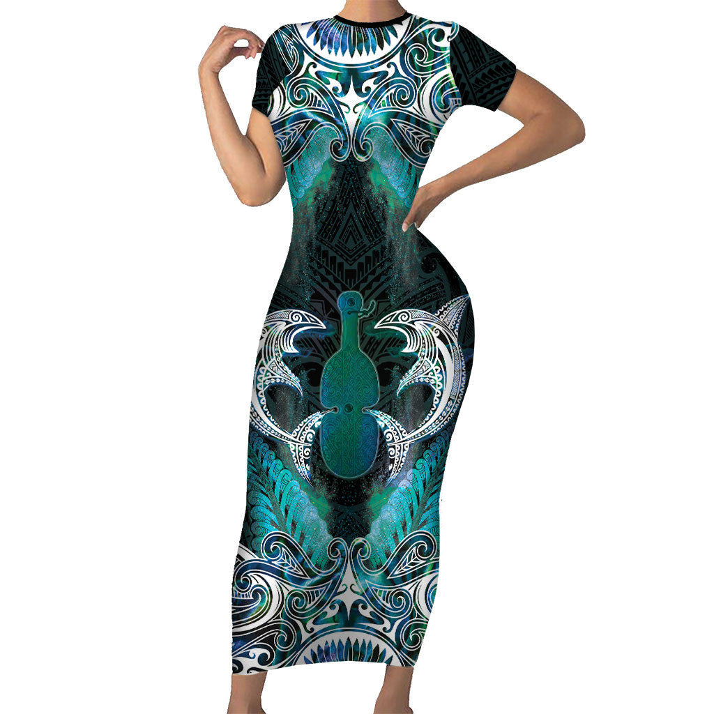 New Zealand Kotiate Weapon Family Matching Short Sleeve Bodycon Dress and Hawaiian Shirt Aotearoa Mango Paua Shell Maori Pattern LT22 Mom's Dress Blue - Polynesian Pride