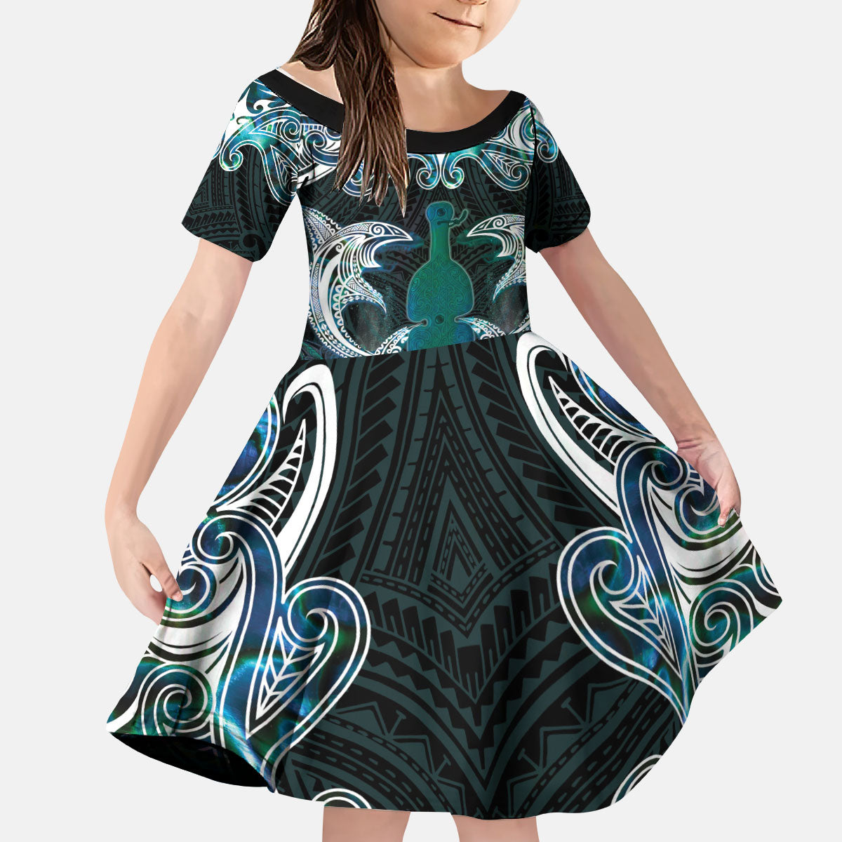 New Zealand Kotiate Weapon Kid Short Sleeve Dress Aotearoa Mango Paua Shell Maori Pattern