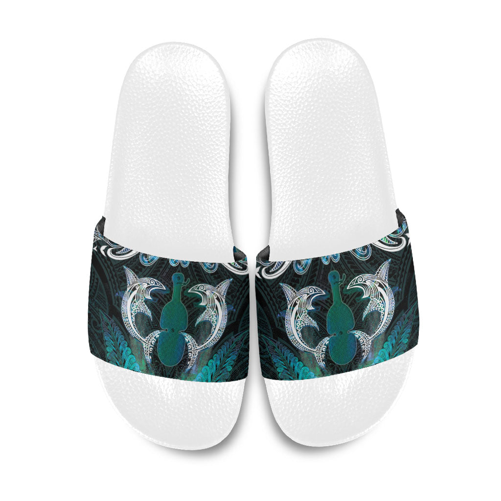 New Zealand Kotiate Weapon Slide Sandals Aotearoa Mango Paua Shell Maori Pattern LT22 Blue - Polynesian Pride