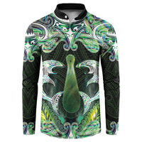 New Zealand Mere Pounamu Weapon Button Sweatshirt Aotearoa Mango Paua Shell Maori Pattern LT22 Green - Polynesian Pride