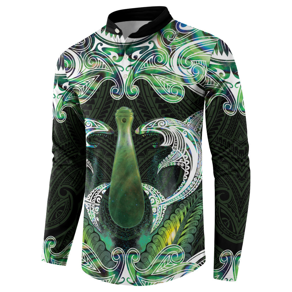 New Zealand Mere Pounamu Weapon Button Sweatshirt Aotearoa Mango Paua Shell Maori Pattern LT22 - Polynesian Pride