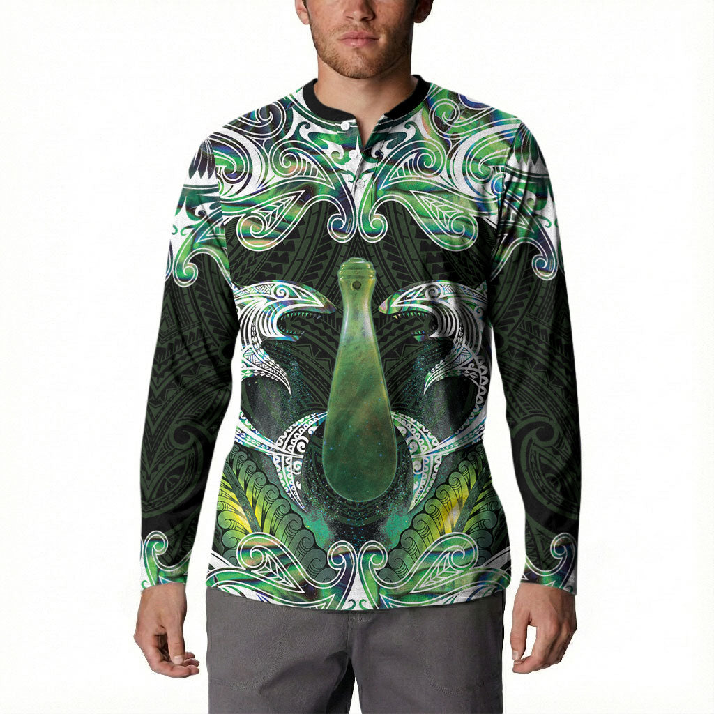 New Zealand Mere Pounamu Weapon Button Sweatshirt Aotearoa Mango Paua Shell Maori Pattern LT22 - Polynesian Pride