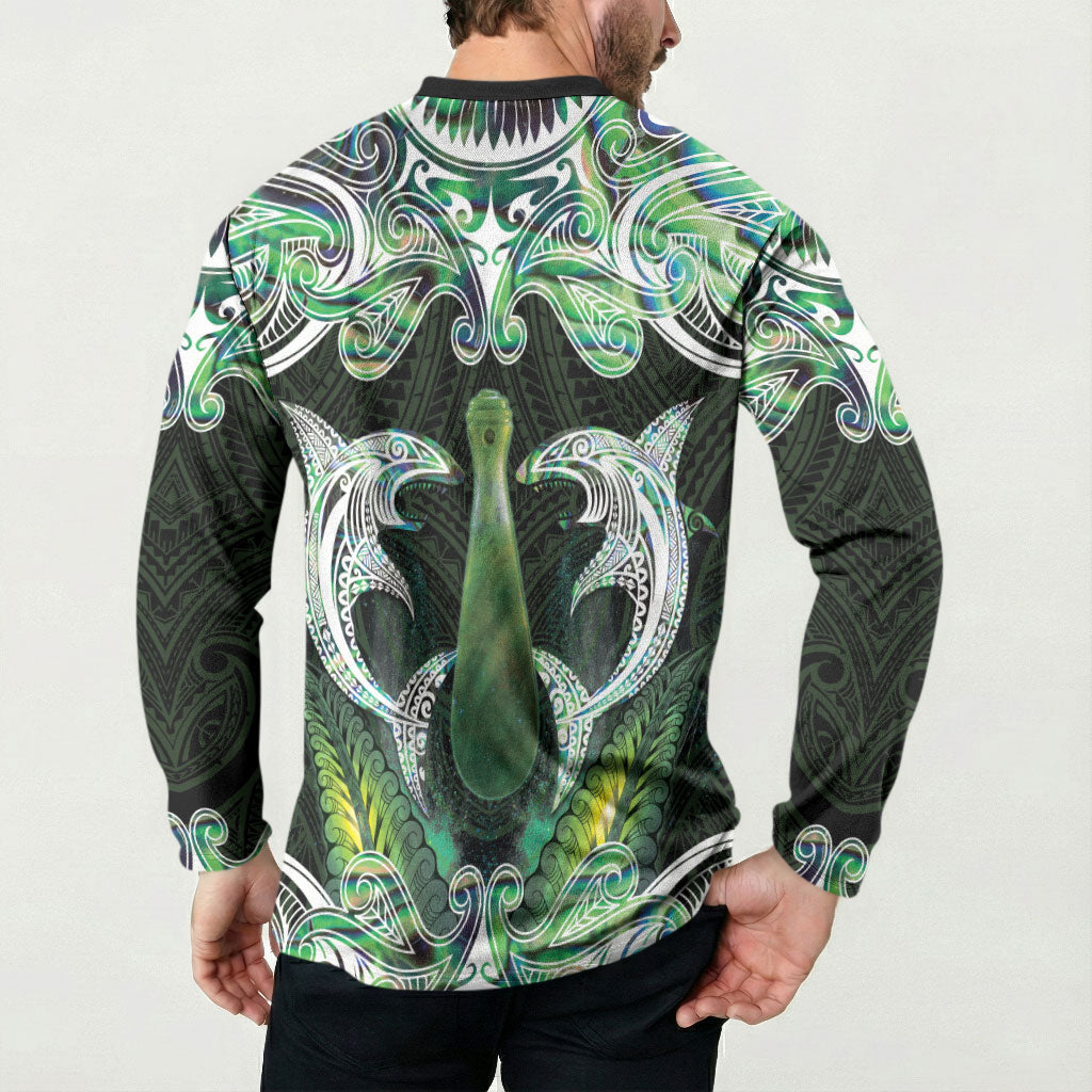 New Zealand Mere Pounamu Weapon Button Sweatshirt Aotearoa Mango Paua Shell Maori Pattern LT22 - Polynesian Pride
