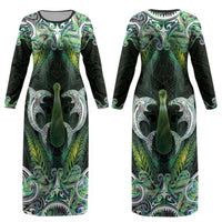New Zealand Mere Pounamu Weapon Couples Matching Long Sleeve Bodycon Dress and Hawaiian Shirt Aotearoa Mango Paua Shell Maori Pattern LT22 - Polynesian Pride