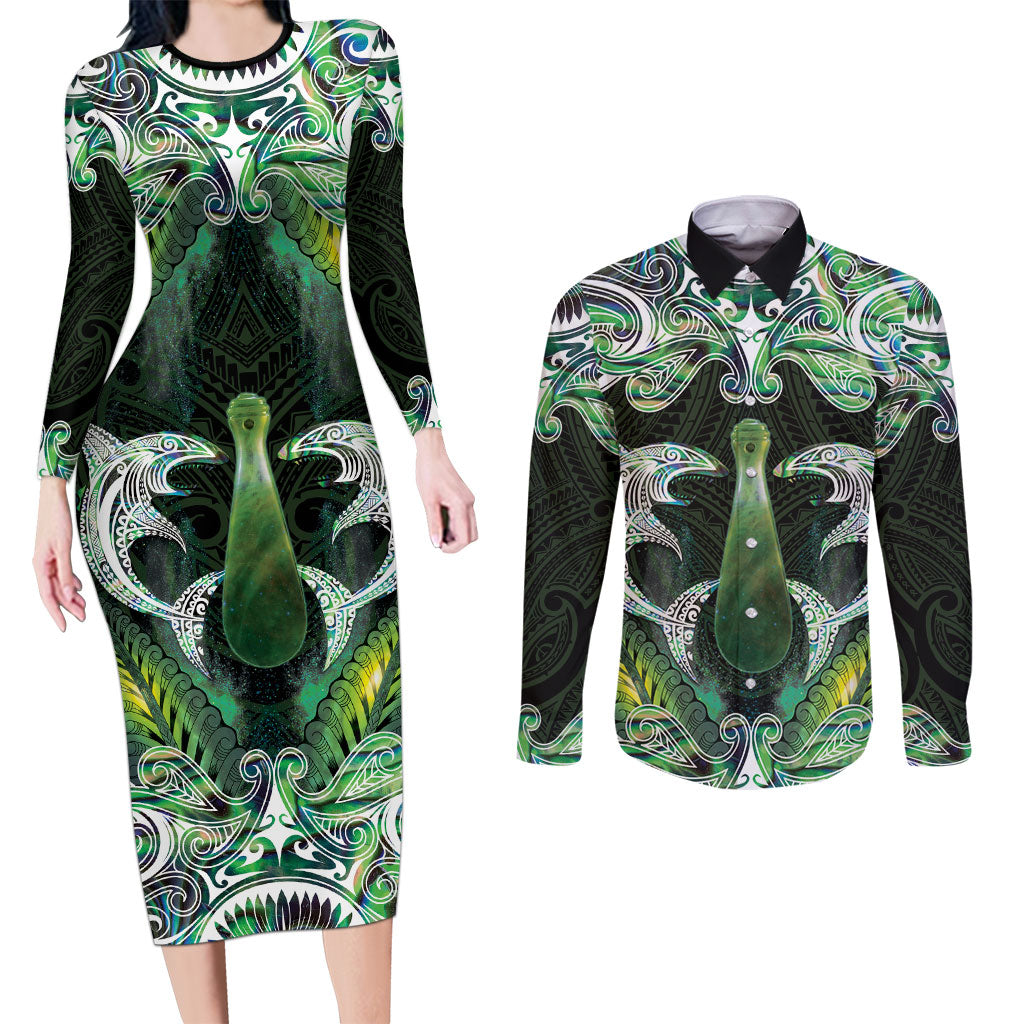 New Zealand Mere Pounamu Weapon Couples Matching Long Sleeve Bodycon Dress and Long Sleeve Button Shirt Aotearoa Mango Paua Shell Maori Pattern