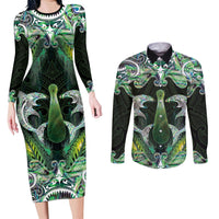 New Zealand Mere Pounamu Weapon Couples Matching Long Sleeve Bodycon Dress and Long Sleeve Button Shirt Aotearoa Mango Paua Shell Maori Pattern