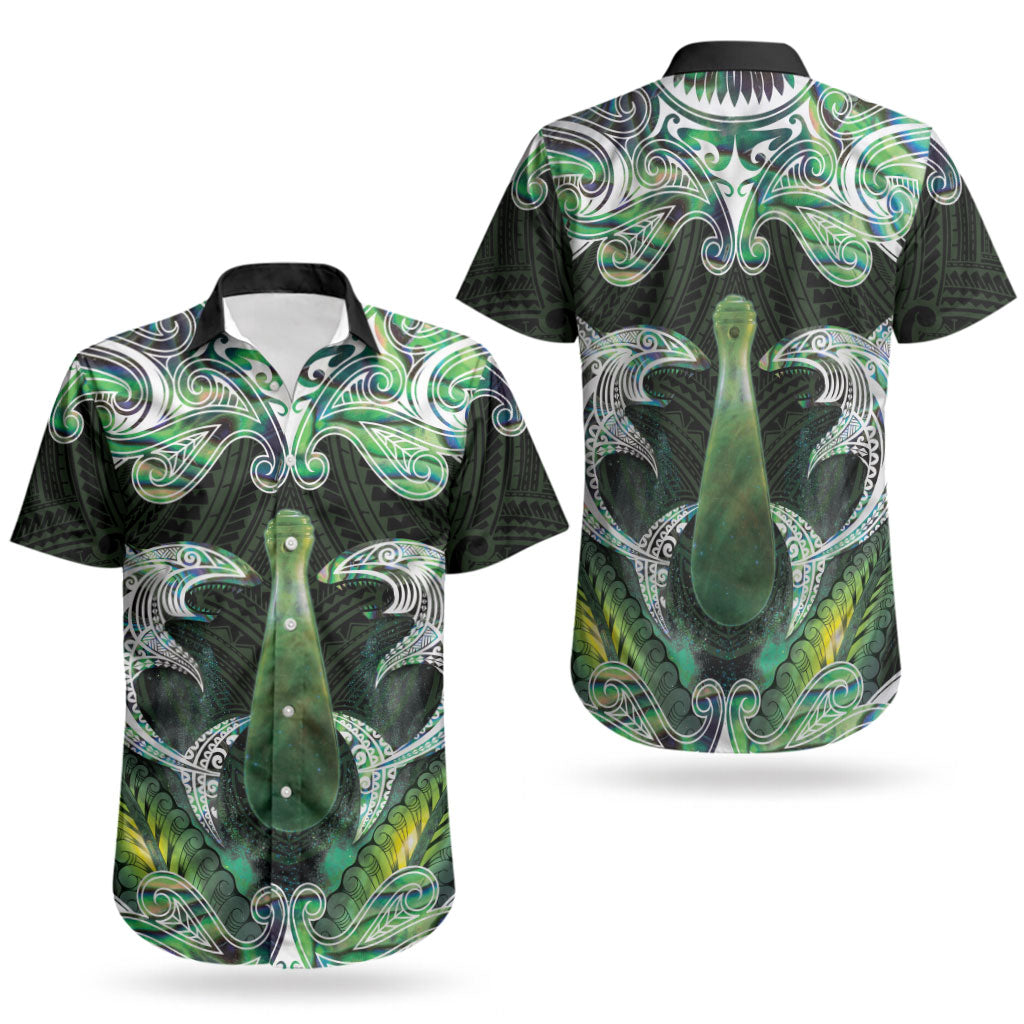 New Zealand Mere Pounamu Weapon Couples Matching Off Shoulder Short Dress and Hawaiian Shirt Aotearoa Mango Paua Shell Maori Pattern LT22 - Polynesian Pride