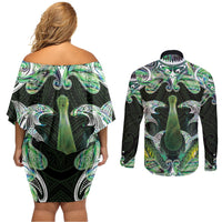 New Zealand Mere Pounamu Weapon Couples Matching Off Shoulder Short Dress and Long Sleeve Button Shirt Aotearoa Mango Paua Shell Maori Pattern