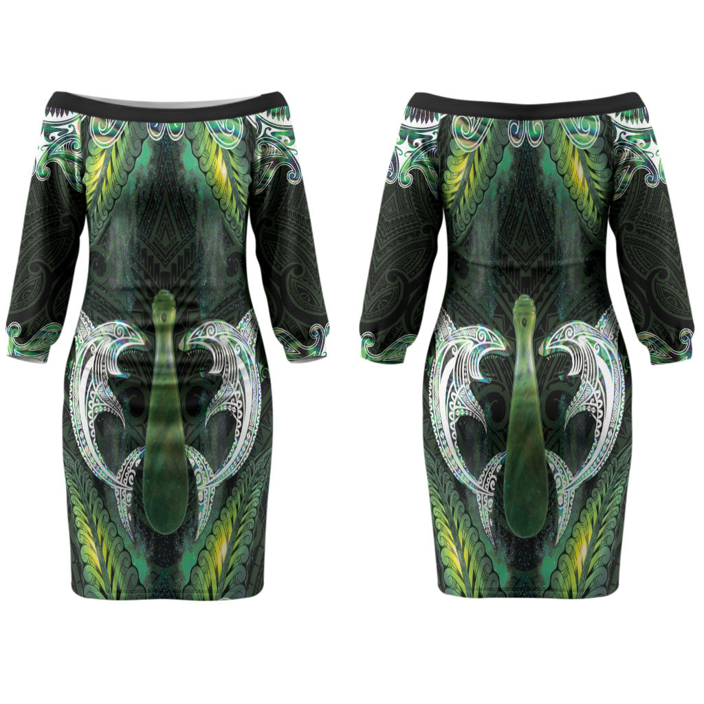 New Zealand Mere Pounamu Weapon Couples Matching Off The Shoulder Long Sleeve Dress and Hawaiian Shirt Aotearoa Mango Paua Shell Maori Pattern LT22 - Polynesian Pride