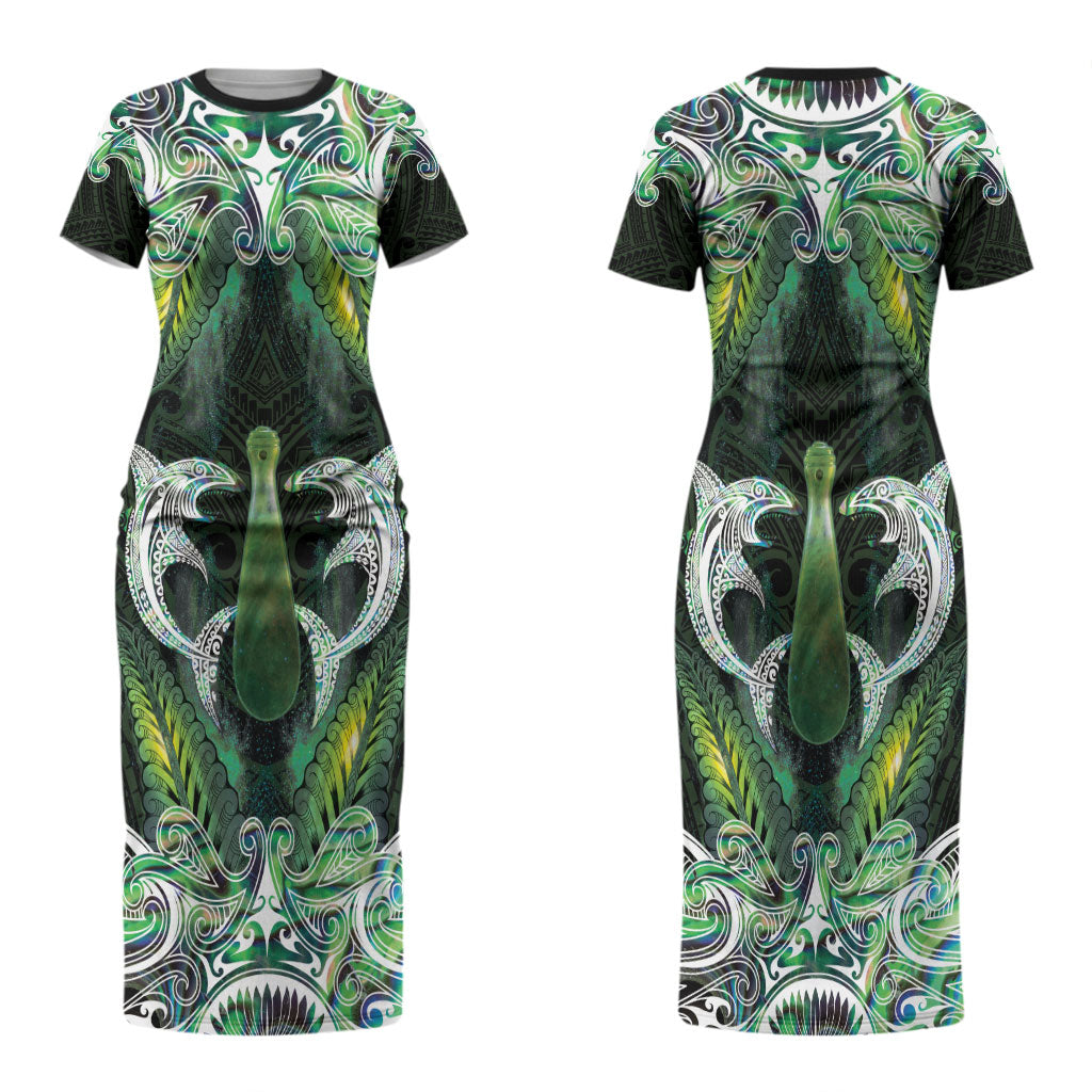 New Zealand Mere Pounamu Weapon Couples Matching Short Sleeve Bodycon Dress and Hawaiian Shirt Aotearoa Mango Paua Shell Maori Pattern LT22 - Polynesian Pride