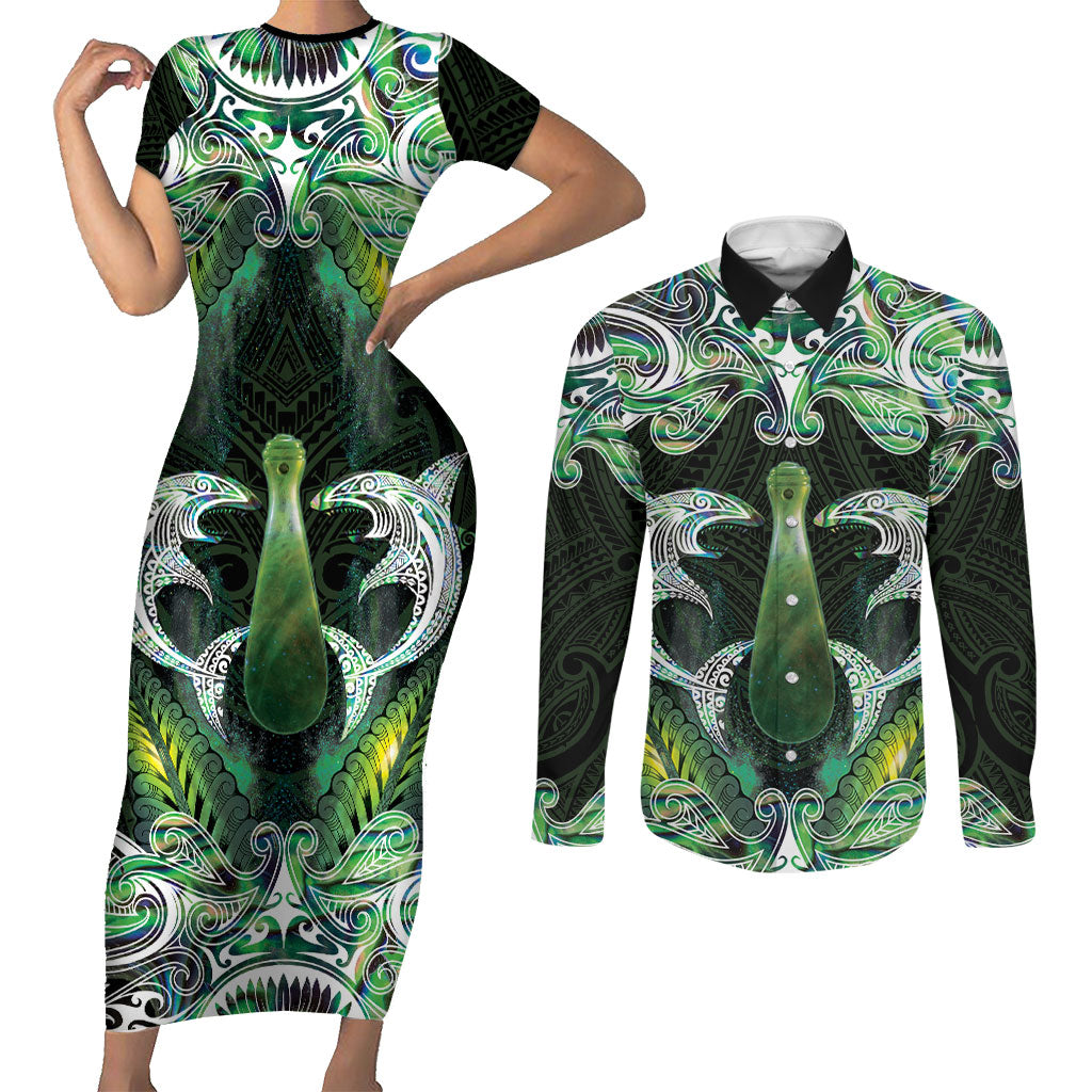 New Zealand Mere Pounamu Weapon Couples Matching Short Sleeve Bodycon Dress and Long Sleeve Button Shirt Aotearoa Mango Paua Shell Maori Pattern