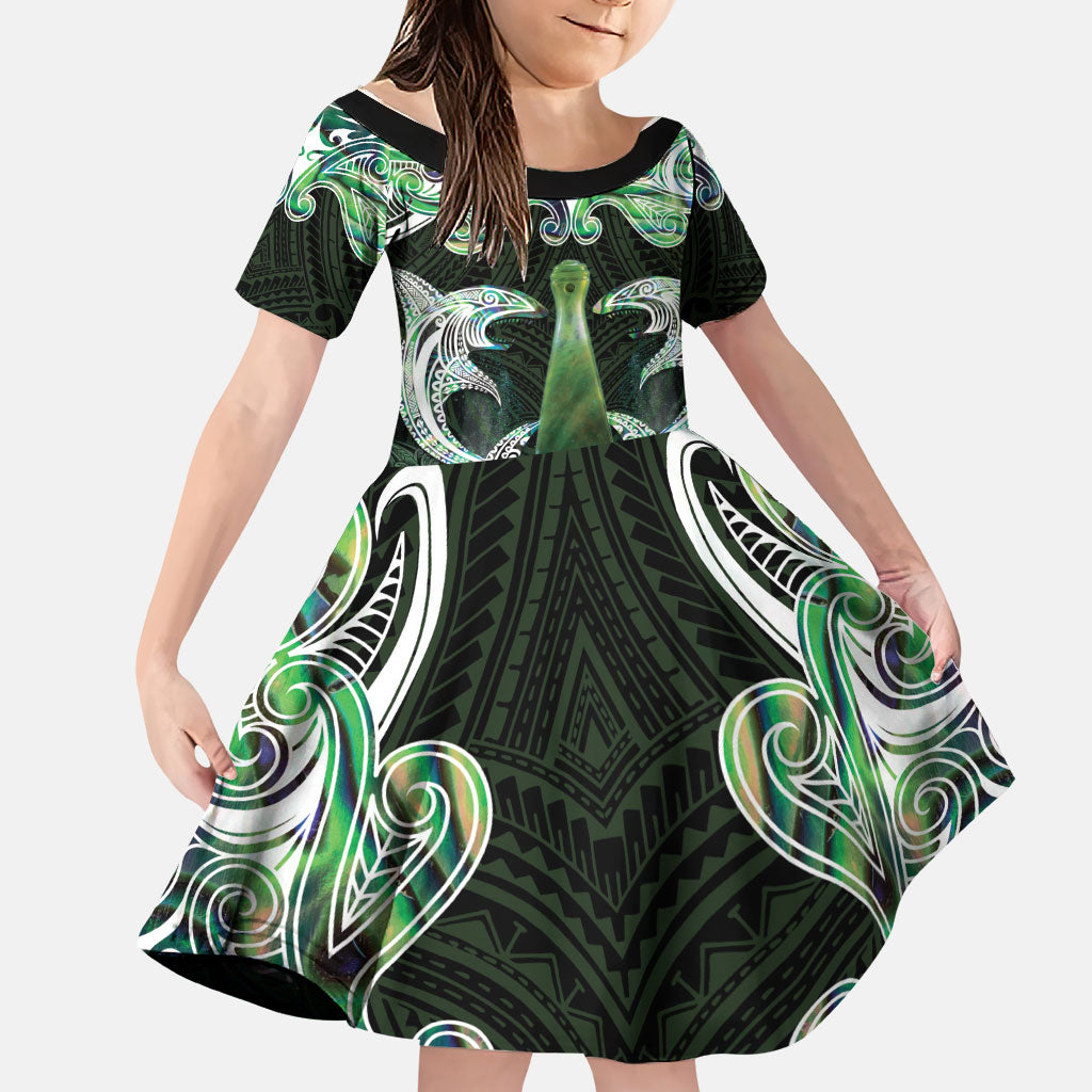 New Zealand Mere Pounamu Weapon Family Matching Long Sleeve Bodycon Dress and Hawaiian Shirt Aotearoa Mango Paua Shell Maori Pattern LT22 Daughter's Dress Green - Polynesian Pride