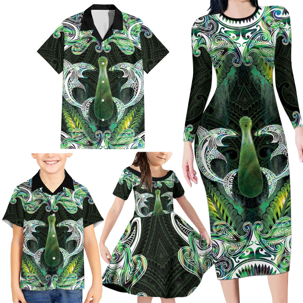 New Zealand Mere Pounamu Weapon Family Matching Long Sleeve Bodycon Dress and Hawaiian Shirt Aotearoa Mango Paua Shell Maori Pattern LT22 - Polynesian Pride
