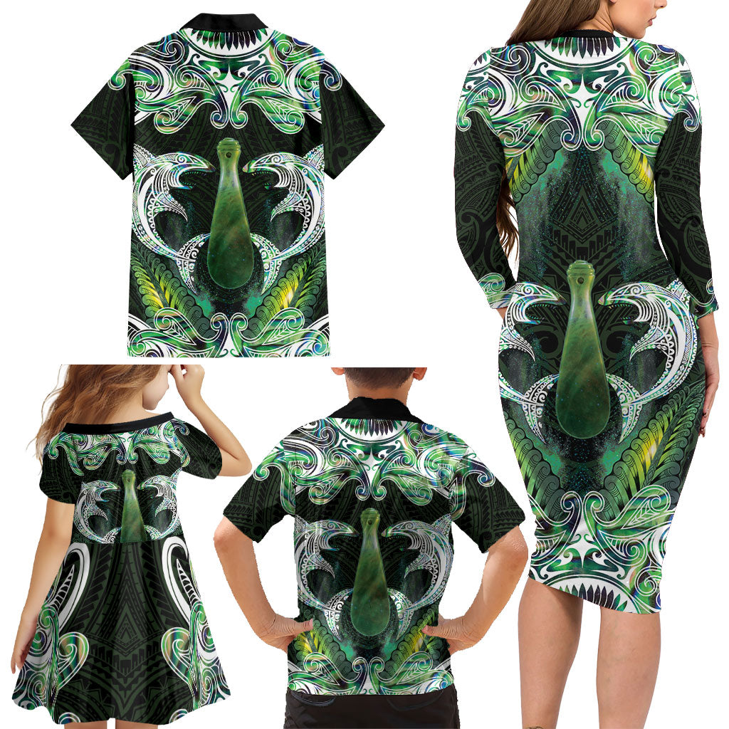 New Zealand Mere Pounamu Weapon Family Matching Long Sleeve Bodycon Dress and Hawaiian Shirt Aotearoa Mango Paua Shell Maori Pattern LT22 - Polynesian Pride