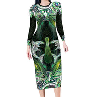 New Zealand Mere Pounamu Weapon Family Matching Long Sleeve Bodycon Dress and Hawaiian Shirt Aotearoa Mango Paua Shell Maori Pattern LT22 Mom's Dress Green - Polynesian Pride