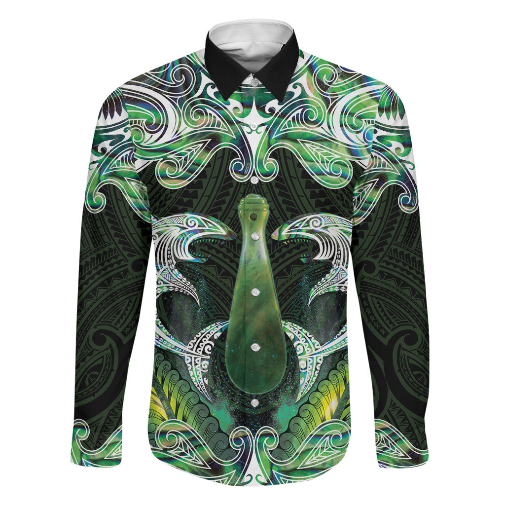 New Zealand Mere Pounamu Weapon Family Matching Mermaid Dress and Hawaiian Shirt Aotearoa Mango Paua Shell Maori Pattern LT22 Dad's Shirt - Long Sleeve Green - Polynesian Pride