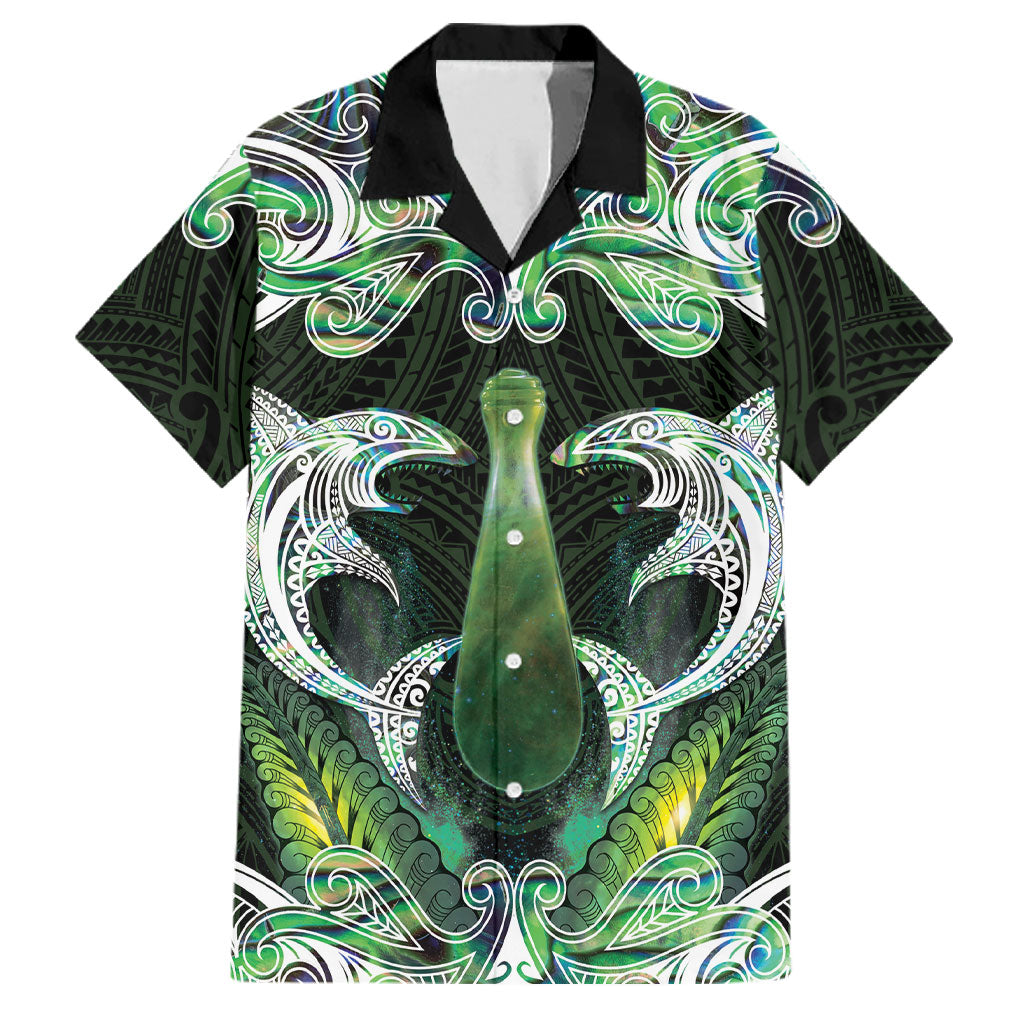 New Zealand Mere Pounamu Weapon Family Matching Off The Shoulder Long Sleeve Dress and Hawaiian Shirt Aotearoa Mango Paua Shell Maori Pattern LT22 Dad's Shirt - Short Sleeve Green - Polynesian Pride