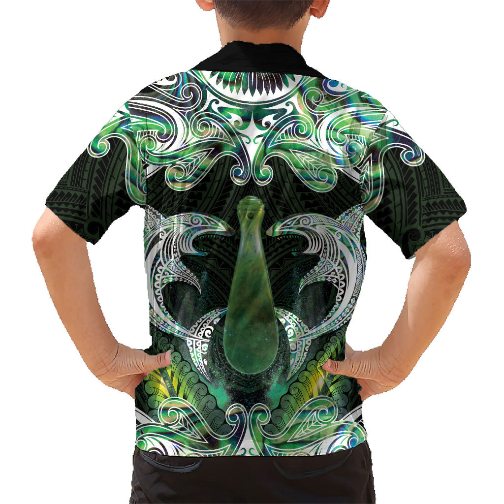 New Zealand Mere Pounamu Weapon Family Matching Off Shoulder Maxi Dress and Hawaiian Shirt Aotearoa Mango Paua Shell Maori Pattern
