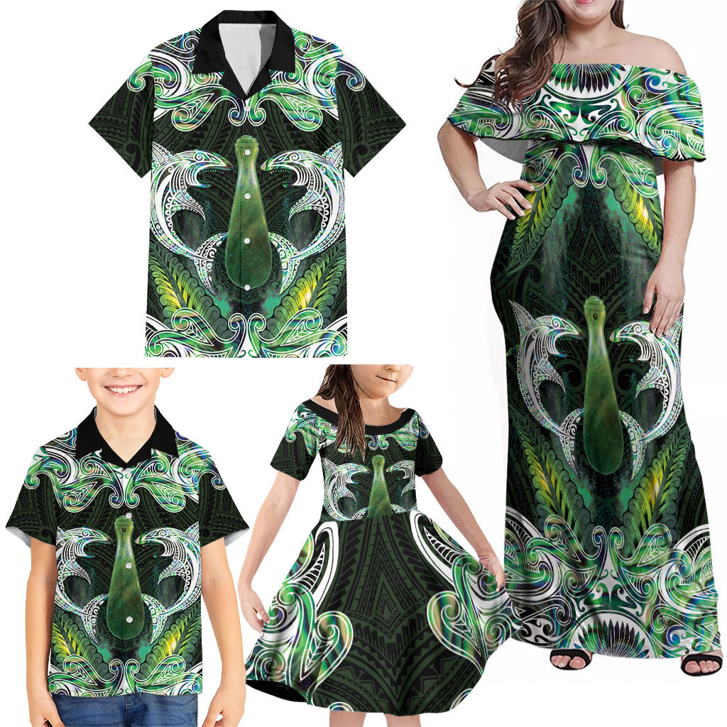 New Zealand Mere Pounamu Weapon Family Matching Off Shoulder Maxi Dress and Hawaiian Shirt Aotearoa Mango Paua Shell Maori Pattern