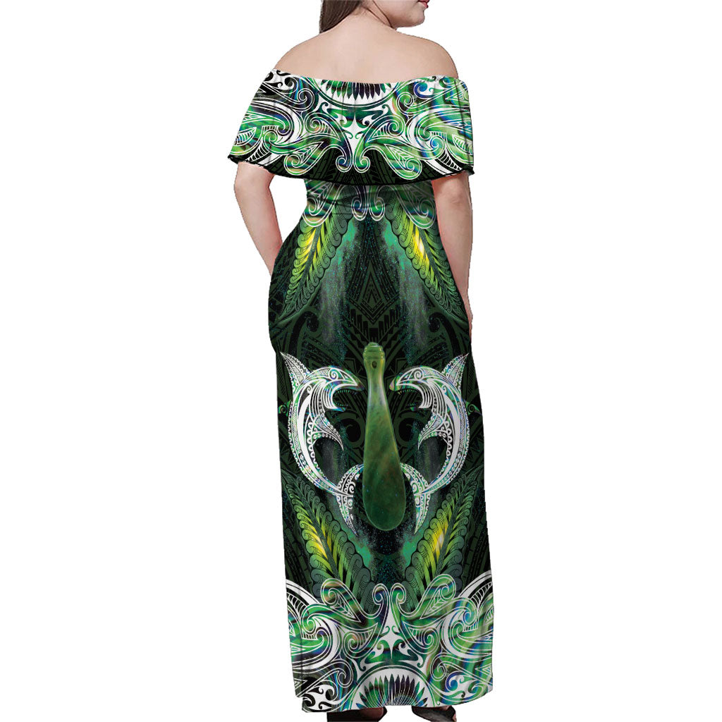 New Zealand Mere Pounamu Weapon Family Matching Off Shoulder Maxi Dress and Hawaiian Shirt Aotearoa Mango Paua Shell Maori Pattern