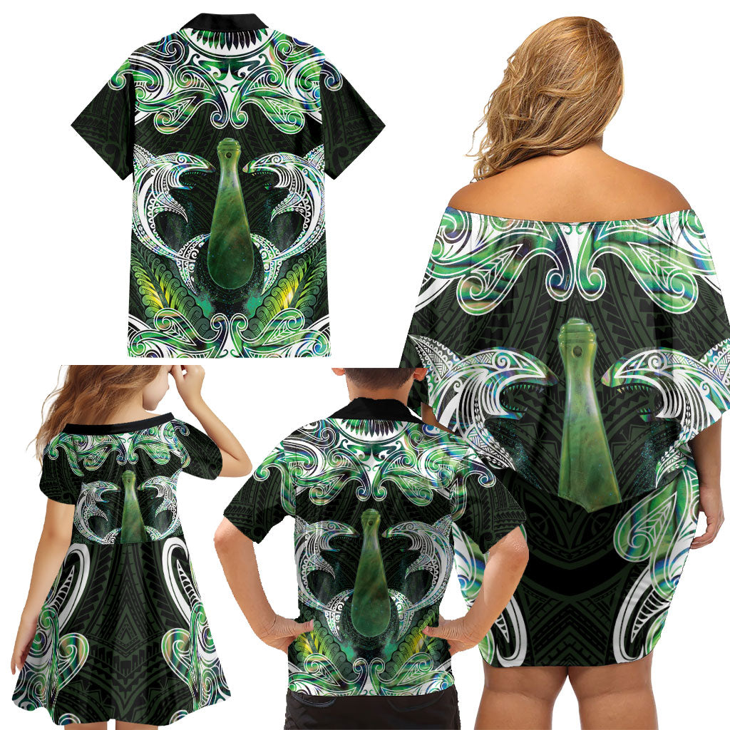 New Zealand Mere Pounamu Weapon Family Matching Off Shoulder Short Dress and Hawaiian Shirt Aotearoa Mango Paua Shell Maori Pattern LT22 - Polynesian Pride