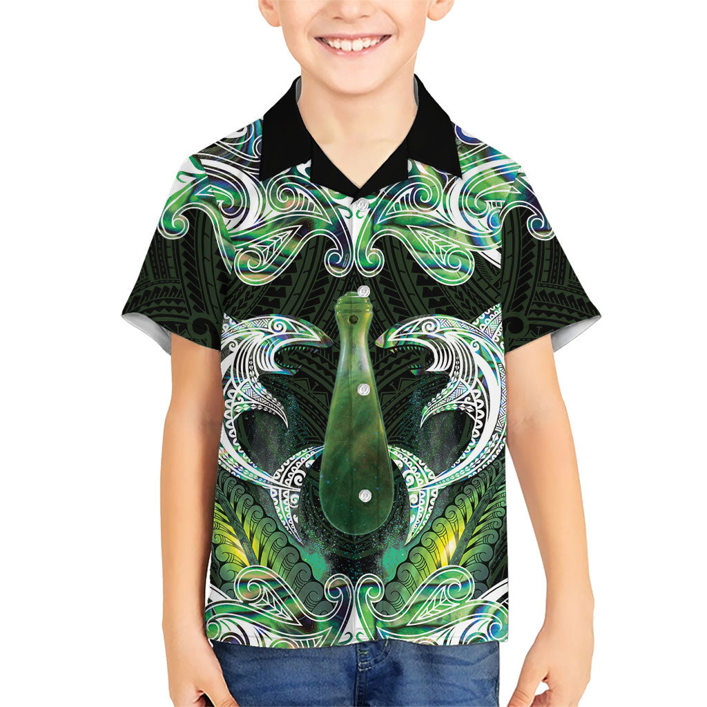 New Zealand Mere Pounamu Weapon Family Matching Off Shoulder Short Dress and Hawaiian Shirt Aotearoa Mango Paua Shell Maori Pattern LT22 Son's Shirt Green - Polynesian Pride