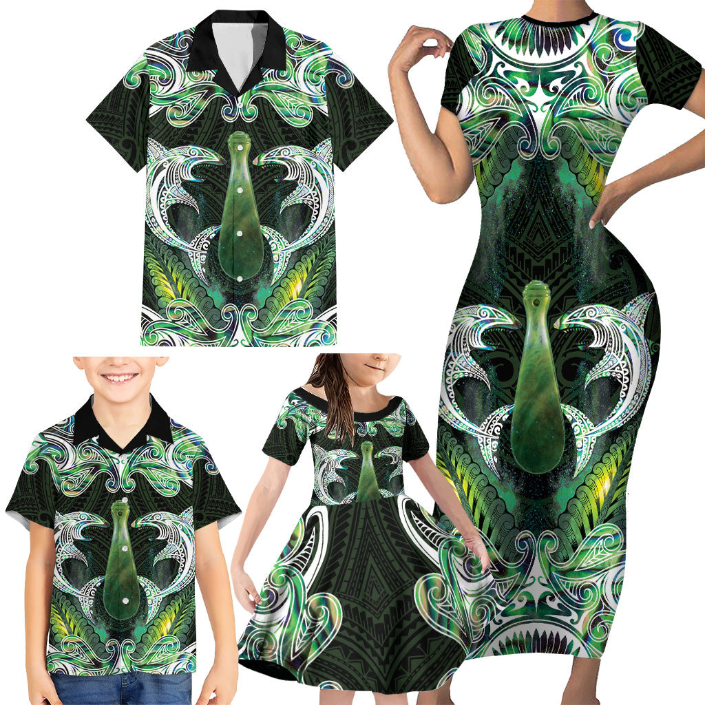New Zealand Mere Pounamu Weapon Family Matching Short Sleeve Bodycon Dress and Hawaiian Shirt Aotearoa Mango Paua Shell Maori Pattern LT22 - Polynesian Pride