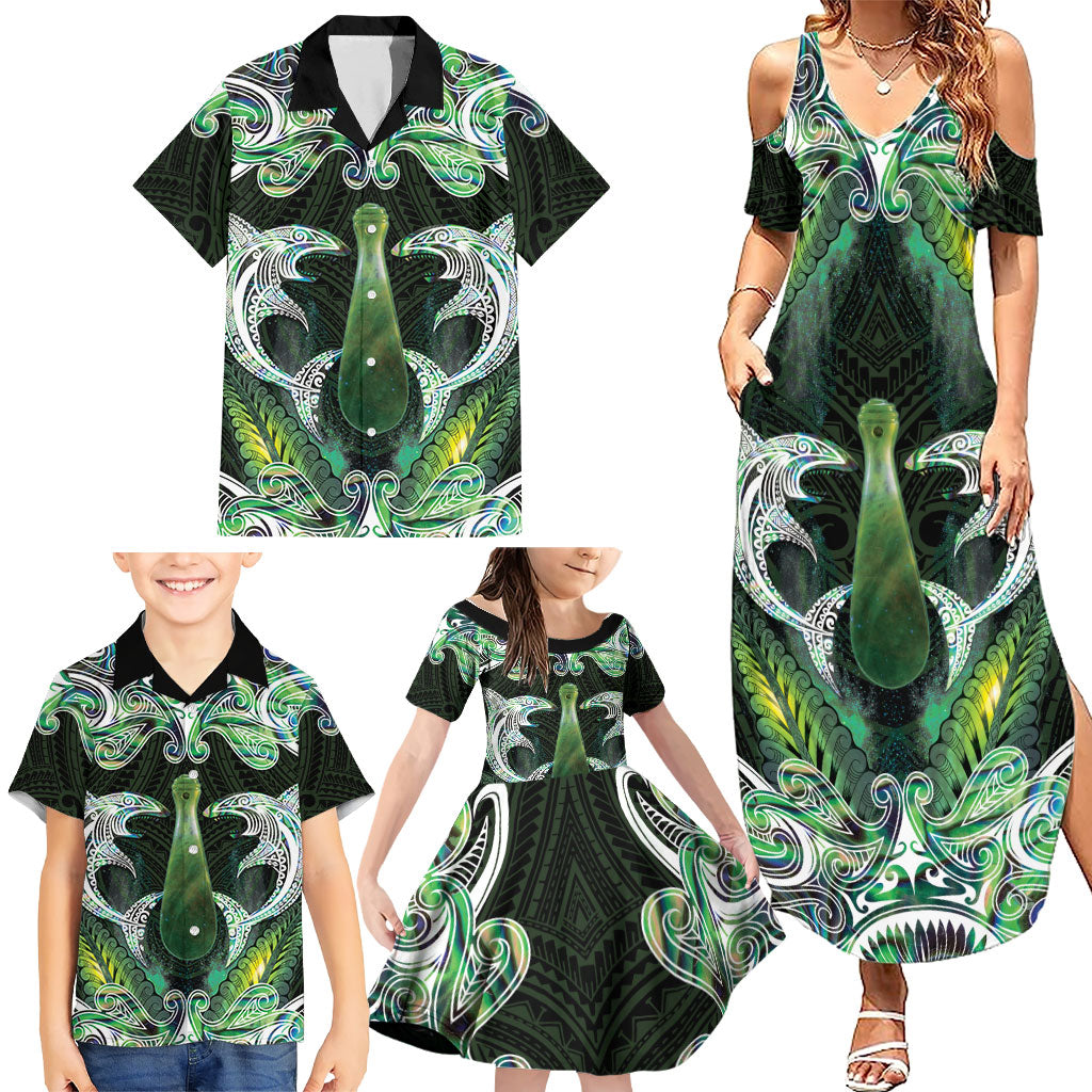 New Zealand Mere Pounamu Weapon Family Matching Summer Maxi Dress and Hawaiian Shirt Aotearoa Mango Paua Shell Maori Pattern