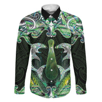 New Zealand Mere Pounamu Weapon Family Matching Tank Maxi Dress and Hawaiian Shirt Aotearoa Mango Paua Shell Maori Pattern LT22 Dad's Shirt - Long Sleeve Green - Polynesian Pride