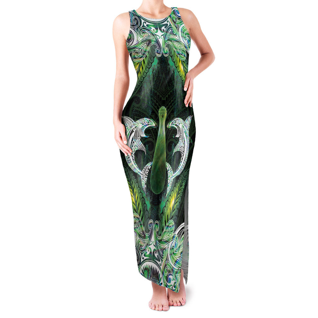 New Zealand Mere Pounamu Weapon Family Matching Tank Maxi Dress and Hawaiian Shirt Aotearoa Mango Paua Shell Maori Pattern LT22 Mom's Dress Green - Polynesian Pride