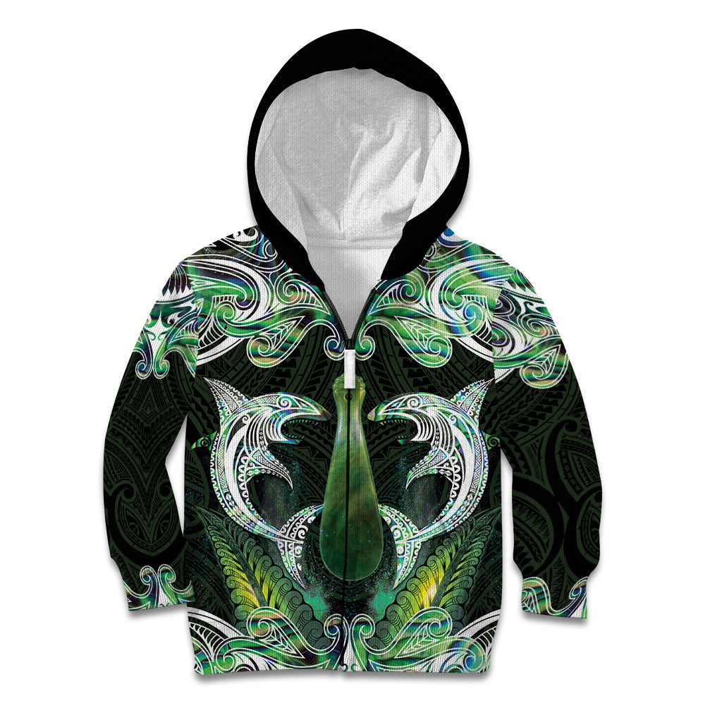 New Zealand Mere Pounamu Weapon Kid Hoodie Aotearoa Mango Paua Shell Maori Pattern