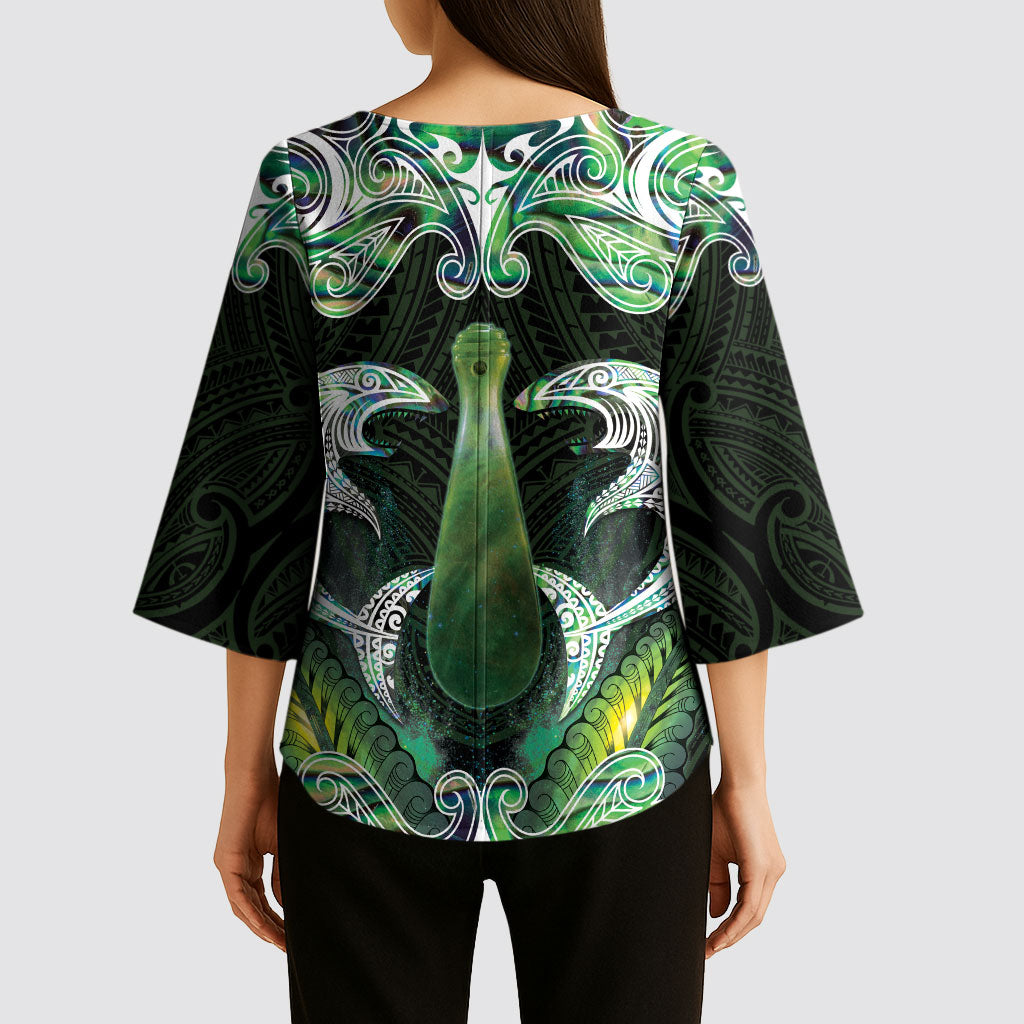 New Zealand Mere Pounamu Weapon Kimono Sleeve Blouse Aotearoa Mango Paua Shell Maori Pattern