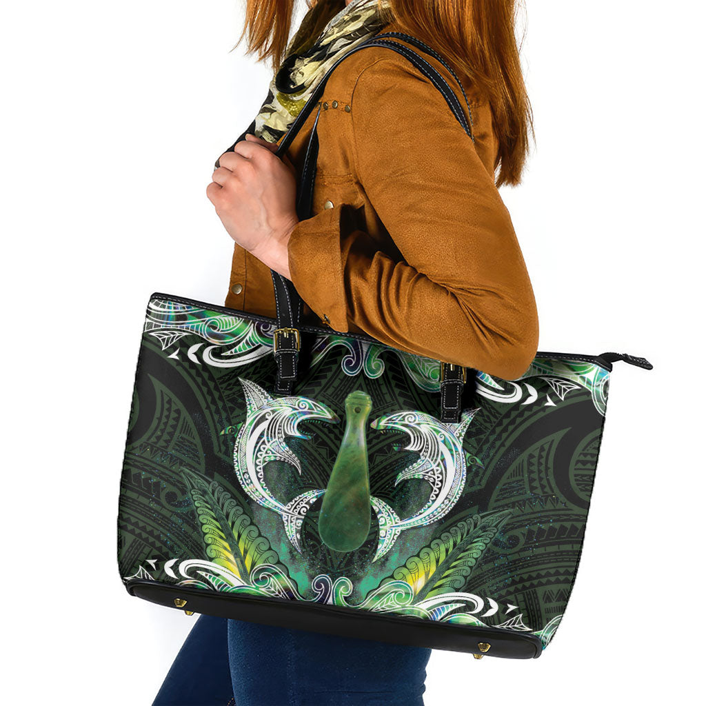 New Zealand Mere Pounamu Weapon Leather Tote Bag Aotearoa Mango Paua Shell Maori Pattern