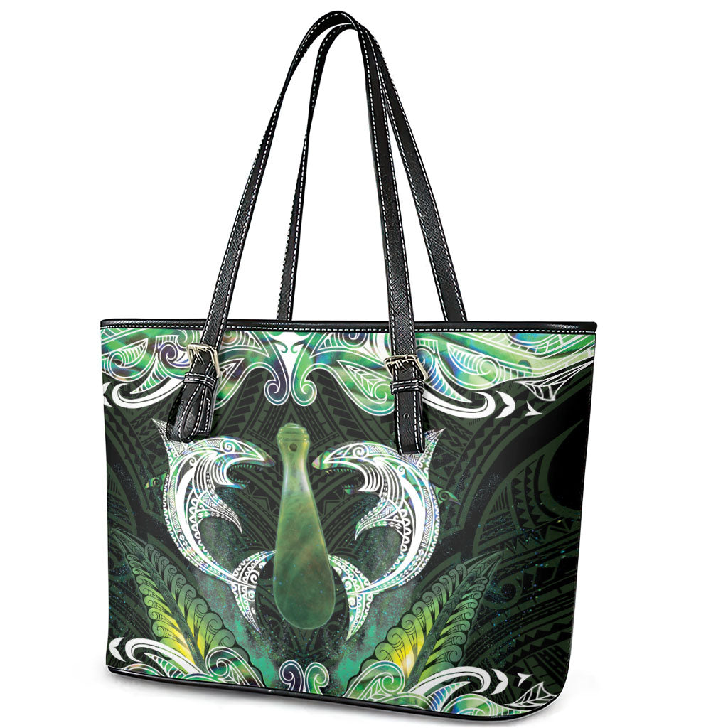 New Zealand Mere Pounamu Weapon Leather Tote Bag Aotearoa Mango Paua Shell Maori Pattern