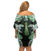 New Zealand Mere Pounamu Weapon Off Shoulder Short Dress Aotearoa Mango Paua Shell Maori Pattern