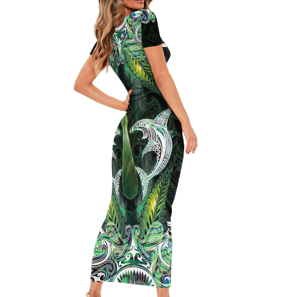 New Zealand Mere Pounamu Weapon Short Sleeve Bodycon Dress Aotearoa Mango Paua Shell Maori Pattern