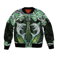 New Zealand Mere Pounamu Weapon Sleeve Zip Bomber Jacket Aotearoa Mango Paua Shell Maori Pattern LT22 Unisex Green - Polynesian Pride