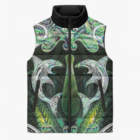 New Zealand Mere Pounamu Weapon Sleeveless Puffer Jacket Aotearoa Mango Paua Shell Maori Pattern